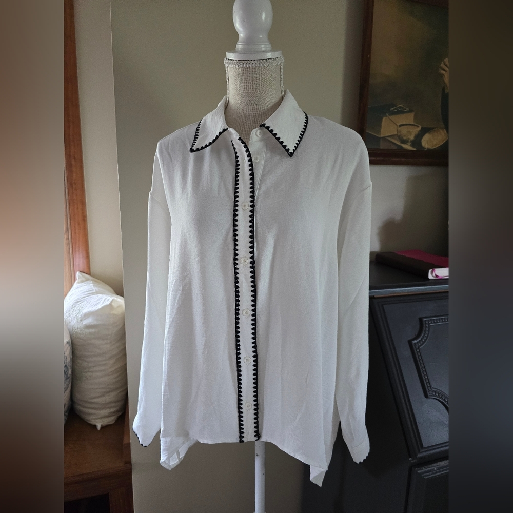 Adrianna Papell White Blouse with Black Trim